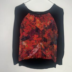 Como Black Women Pullover Crew Neck with Floral Front Sweater | Size S